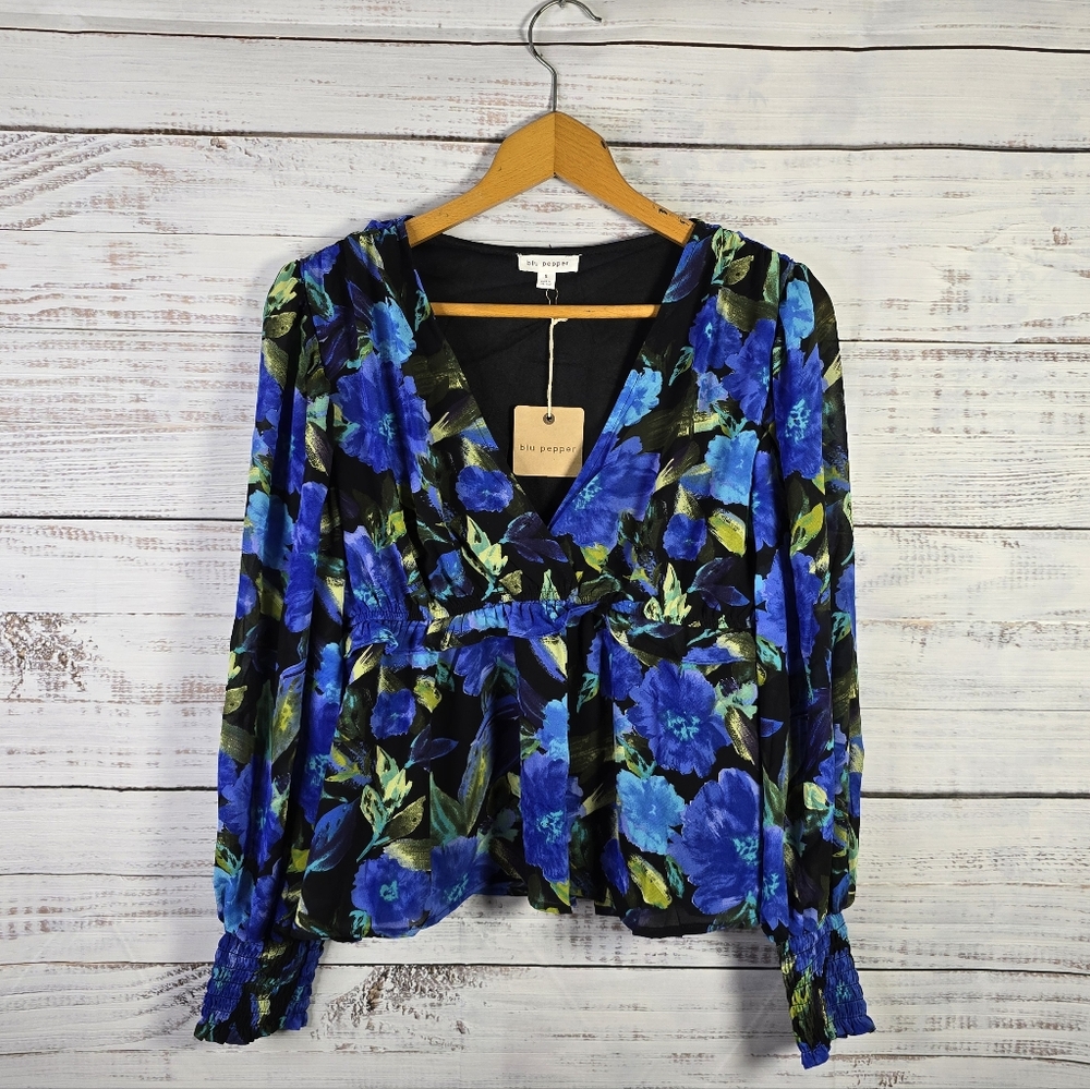 Blu‎ Pepper Blue Floral Peplum Blouse NWT Size S Cottagecore Boho Long Sleeve